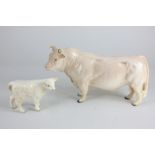 A Beswick model of a Charolais bull, cream gloss, 12.7cm, and a Beswick Charolais calf, cream gloss,