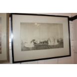 A monochrome print of warships at battle, 29cm by 50cm