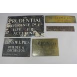 A collection of metal and brass name plaques, some local, including H W Head FAA Offices:- 27 London