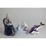 A Royal Doulton figure, The Cup of Tea HN2322, a Dresden porcelain pot with figures of children,