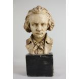 After Dominique Alonzo, a plaster bust of a man, possibly Beethoven, marked AR Mauleur, Paris (a/f -