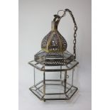 A brass Indian hanging lantern ceiling light with glass panels, 47cm