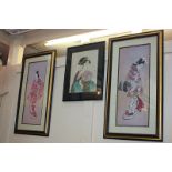 A Japanese woodblock print of a woman with fan, 36cm by 25.5cm, together with a pair of prints of