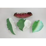 Two Carlton Ware leaf shaped dishes in two-tone green glaze, largest 33cm, Rouge Royale dish with