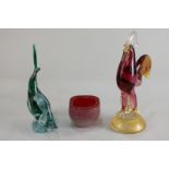 A glass paperweight modelled as a cockerel, 21.5cm high, together with a glass fish paperweight, and