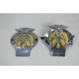 Two AA metal and yellow enamel car badges for the Automobile Association