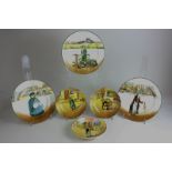 Three Royal Doulton Dickens Ware plates, 19cm, and three small bowls, 13cm, decorated with