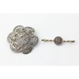 A Chinese silver bar brooch, and a filigree silver brooch