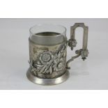 A Russian white metal tea glass holder, maker Agathon Fabergé, St Petersburg, stamped 84, bearing