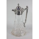 A silver plate mounted glass claret jug with domed lid and scroll handle, 28cm high