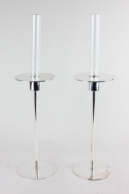 A pair of Martin Szekely for Christofle silver plated candle holders/bud vases, 24.5cm, with two