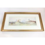 Victorian school, dinghies sailing on choppy waters off a harbour, watercolour, unsigned, 14cm by