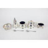 A George VI silver cruet set, maker A E Poston & Co Ltd (a/f - no handle), a silver salt and two