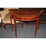 A Sheraton style inlaid mahogany demi-lune card table with banded top, on square tapered legs, 91.