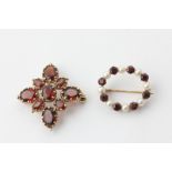 A garnet nine stone brooch/pendant in 9ct gold, and a garnet and pearl brooch