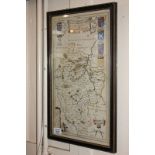 After J Blaeu, Bedfordiensis, a coloured map of Bedfordshire, text verso, in double sided glazed