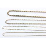 Three 9ct gold necklaces, and a gilt necklace, 33.4g weighable