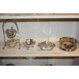 A silver plated sugar and cream set on stand, a coaster, small pierced dish, and Mappin & Webb sugar