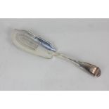 A George III silver fish slice, pierced back with fiddle pattern handle, engraved with initials