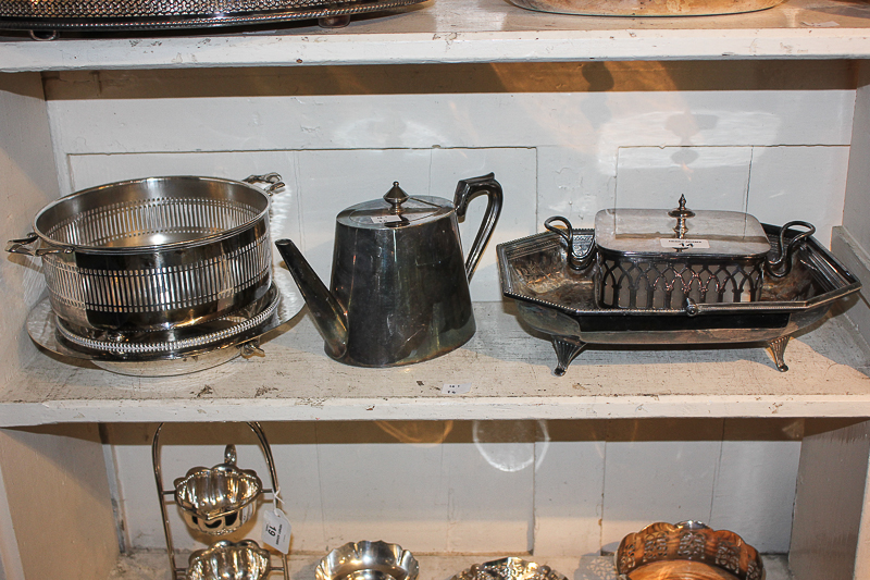 A silver plated sardine dish and cover with glass liner and servers, 22cm, an engraved basket, - Image 2 of 2