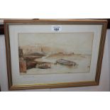 John Cruise (19th century), harbour view with fishermen before cliffs, watercolour, faint signature,