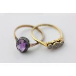 An illusion set diamond ring and an amethyst ring