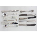 Two Victorian silver three piece christening sets of knife, fork and spoon, four silver handled