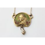 A gold, enamel and pearl Art Nouveau pendant set with a diamond and emerald, and hung with a pearl