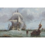 Follower of John Callow, sailing vessels off cliff lined shore, possibly Kent, oil on canvas,