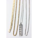 A 9ct gold neck chain, a 9ct gold bracelet, 35.1g, and two silver neck chains and a silver ingot