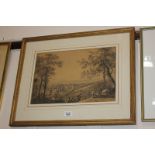 19th century school, view cross a wooded landscape, two figures foreground, pencil and wash,