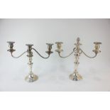 A pair of silver plated two-branch candelabra with three sconces (a/f), 30cm high