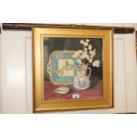 M Vicary, still life of dried honesty in an ironstone jug beside a plate and a shell, watercolour,