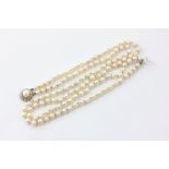 A two row pearl necklace with a silver and pearl clasp