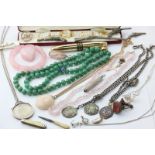 A jade bead two-row necklace, a rose quartz necklace, a collection of silver jewellery, and