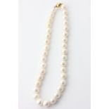 A single row cultured pearl necklace, the graduated pearls strung and knotted on a 14ct gold ball