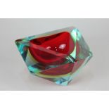 A Sommerso Geode style coloured glass ashtray in red, yellow and blue, 16cm