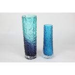 Two 20th century Whitefriars style coloured glass vases, one in turquoise, the other with