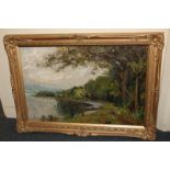 E Black (20th century), wooded lakeside view with distant mountains, oil on canvas, signed, 48cm