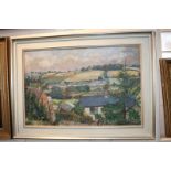 B James (20th century), hillside view across villages and fields, oil on canvas, signed, Rowley