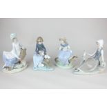 Three Nao porcelain figures of seated girls, a similar Lladro figure (a/f), tallest 20cm