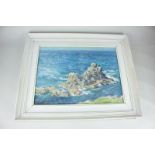 Gil Glover, view of rocks off a coastline,Land's End', oil on board, unsigned, United Society of
