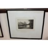 D Beveridge, figure walking a dog beside a bridge, 'The canal at Worsley', etching, inscribed and