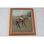 After Alfred Munnings, jockey seated on a racehorse, oil on board, unsigned, 24.5cm by 19.5cm, (a/