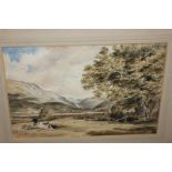 19th century school, figure lying before a mountainous Welsh landscape with distant bridge and