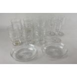 A set of six cut glass tumblers, three liquor glasses and a pair of oval dishes