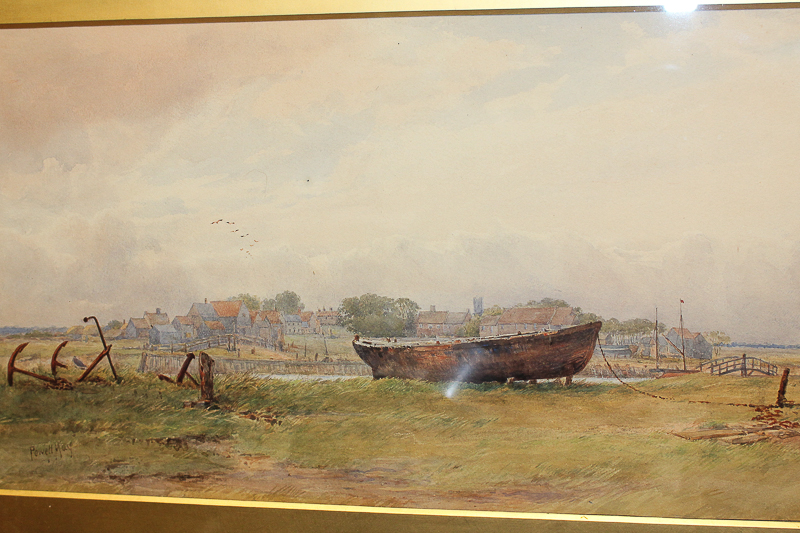 Attributed to Arthur Powell May (1824-1900), harbour view with moored boat before a distant village, - Image 2 of 2