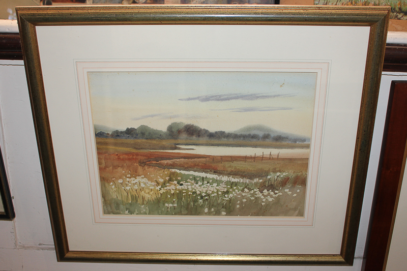 20th century school, harbour view, distant trees and hills, possibly Pagham, watercolour,