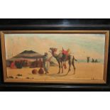 J Coulson (Oriental school), Bedouin in the desert amongst camels and tent, oil on board, signed and