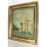 20th century European school, castle with bridge beside a river, oil on canvas, indistinctly